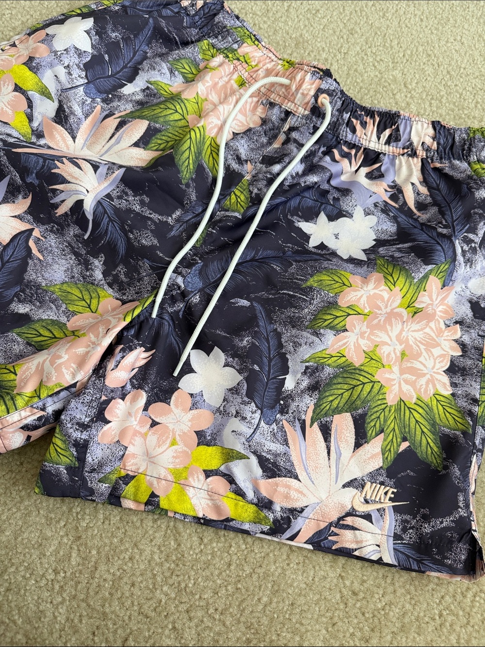 Nike Navy Swim Shorts with Pink Floral & Green Leaves